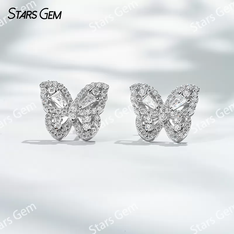 1×2×3mm Trapezoid Cut Moissanite Butterfly Shape S925 Sterling Silver Diamond Stud Earrings
