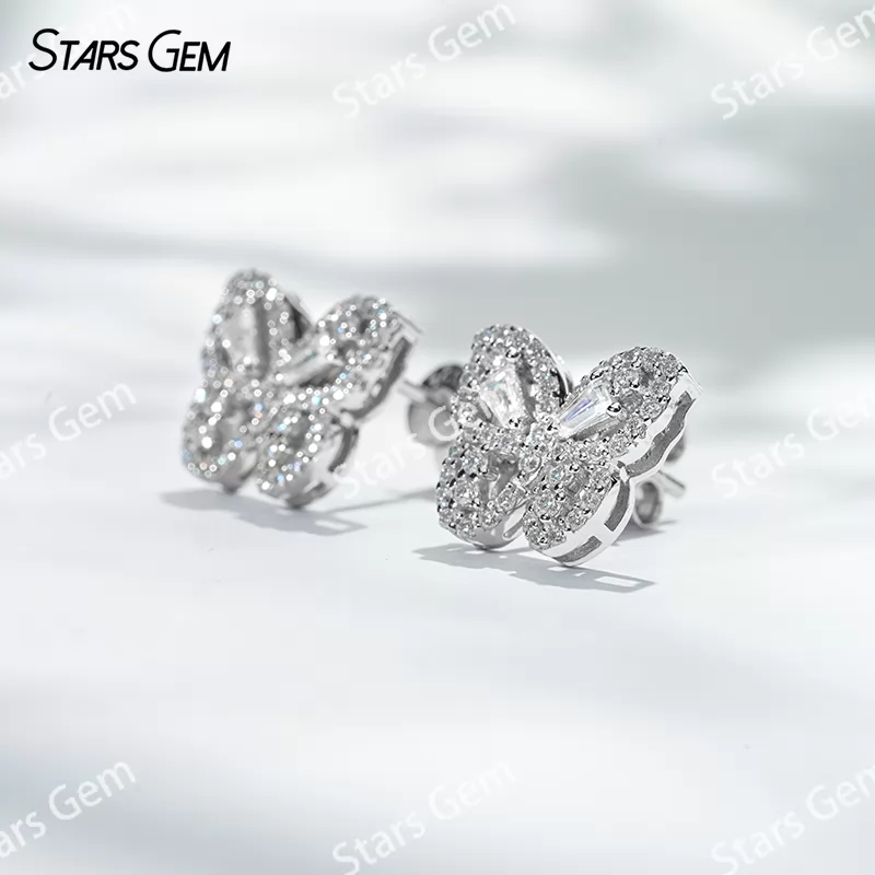 1×2×3mm Trapezoid Cut Moissanite Butterfly Shape S925 Sterling Silver Diamond Stud Earrings