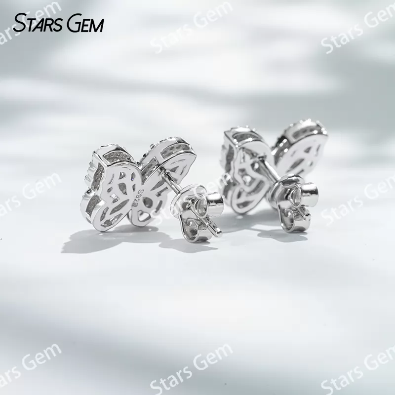 1×2×3mm Trapezoid Cut Moissanite Butterfly Shape S925 Sterling Silver Diamond Stud Earrings