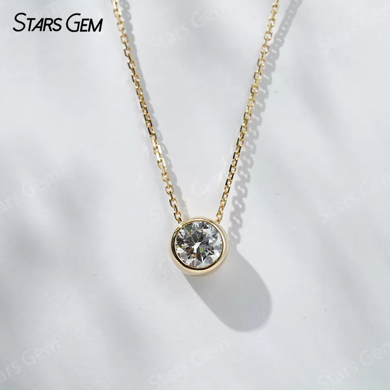 6.4mm Round Brilliant Cut Lab Grown Diamond Bezel Set 18K Gold Diamond Pendant Necklace
