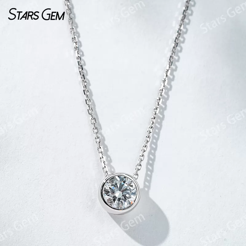 6.4mm Round Brilliant Cut Lab Grown Diamond Bezel Set 18K Gold Diamond Pendant Necklace