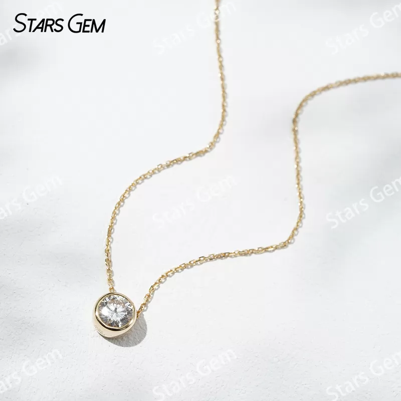 6.4mm Round Brilliant Cut Lab Grown Diamond Bezel Set 18K Gold Diamond Pendant Necklace