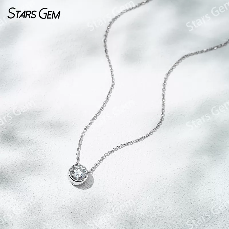 6.4mm Round Brilliant Cut Lab Grown Diamond Bezel Set 18K Gold Diamond Pendant Necklace