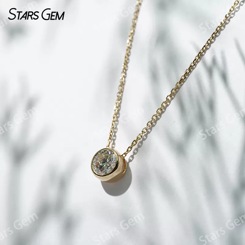 6.4mm Round Brilliant Cut Lab Grown Diamond Bezel Set 18K Gold Diamond Pendant Necklace