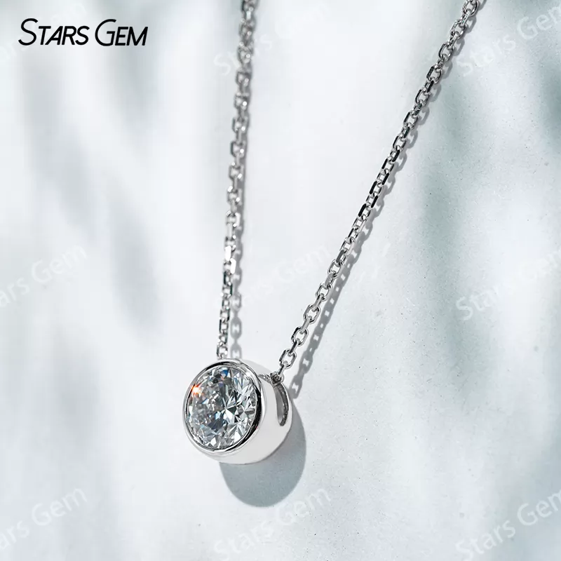 6.4mm Round Brilliant Cut Lab Grown Diamond Bezel Set 18K Gold Diamond Pendant Necklace