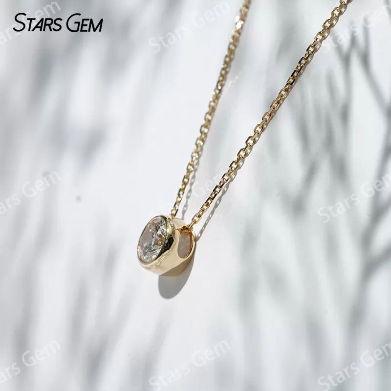 6.4mm Round Brilliant Cut Lab Grown Diamond Bezel Set 18K Gold Diamond Pendant Necklace