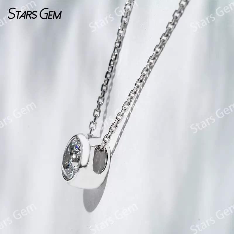 6.4mm Round Brilliant Cut Lab Grown Diamond Bezel Set 18K Gold Diamond Pendant Necklace