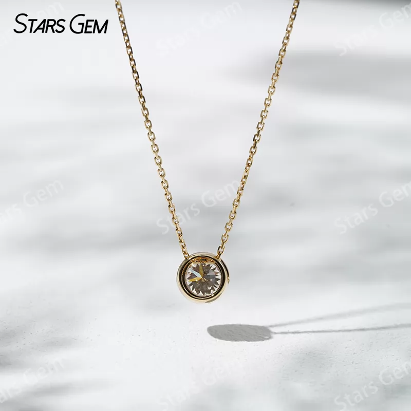 6.4mm Round Brilliant Cut Lab Grown Diamond Bezel Set 18K Gold Diamond Pendant Necklace