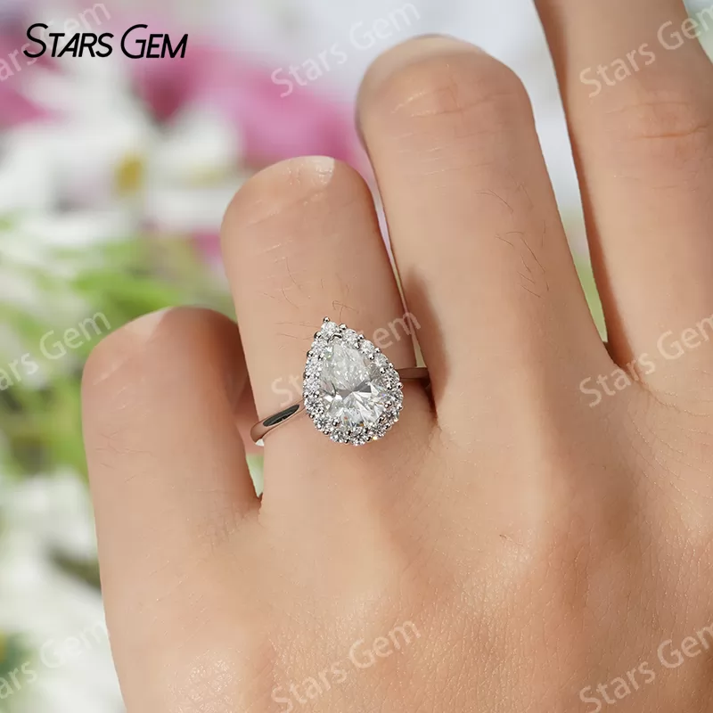 6×9mm Pear Cut Moissanite S925 Sterling Silver Halo Engagement Ring