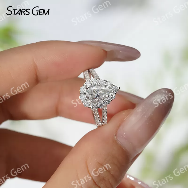 5×8mm Pear Cut Moissanite S925 Sterling Silver Halo Engagement Ring