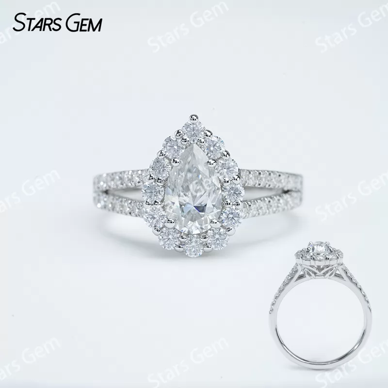 5×8mm Pear Cut Moissanite S925 Sterling Silver Halo Engagement Ring