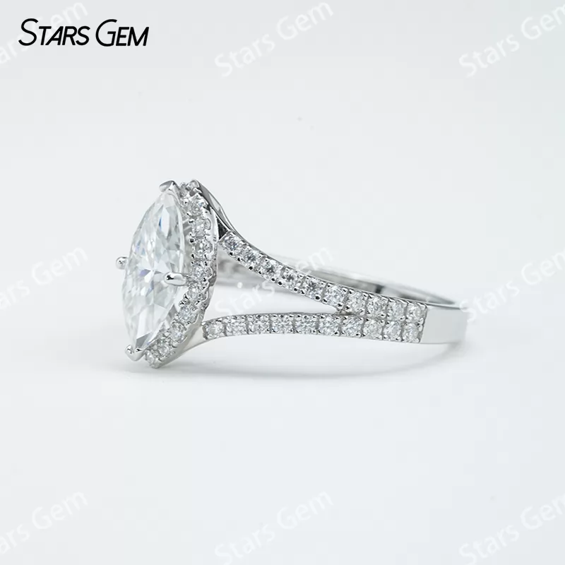 5×10mm Marquise Cut Moissanite S925 Sterling Silver Halo Engagement Ring