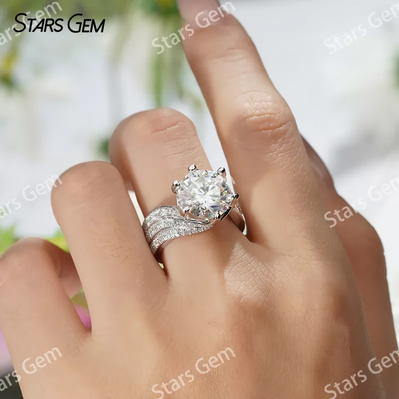 11mm Round Brilliant Cut Moissanite S925 Sterling Silver Pave Engagement Ring
