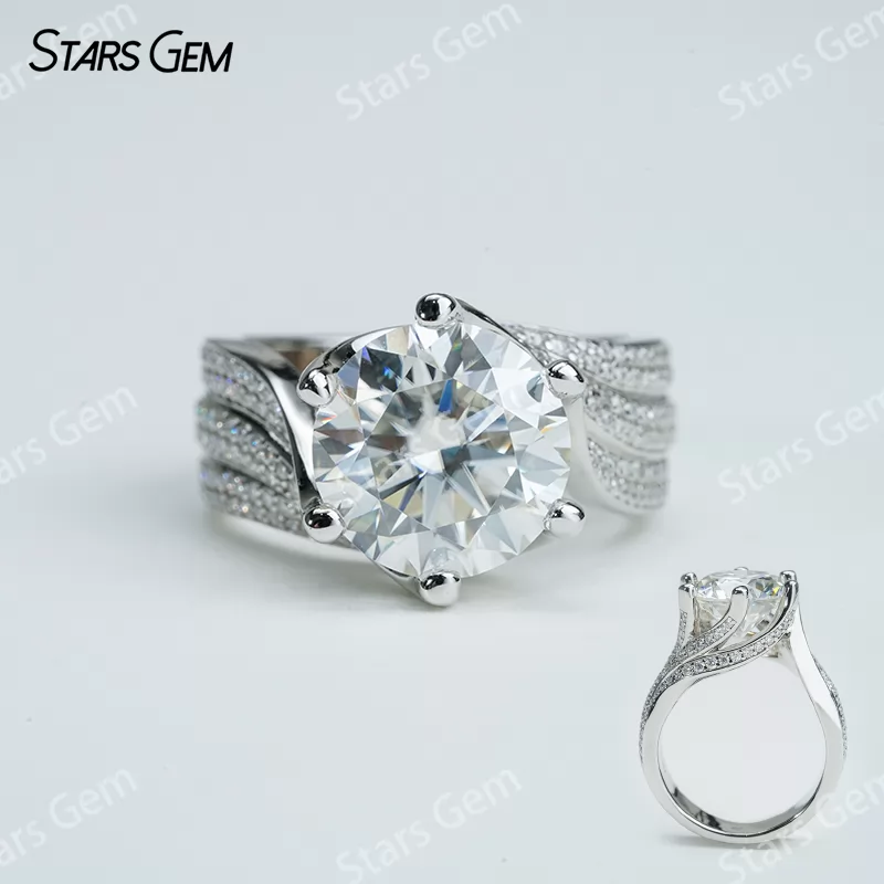 11mm Round Brilliant Cut Moissanite S925 Sterling Silver Pave Engagement Ring