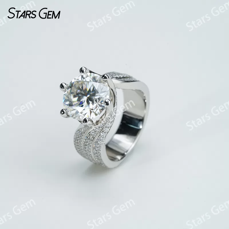 11mm Round Brilliant Cut Moissanite S925 Sterling Silver Pave Engagement Ring
