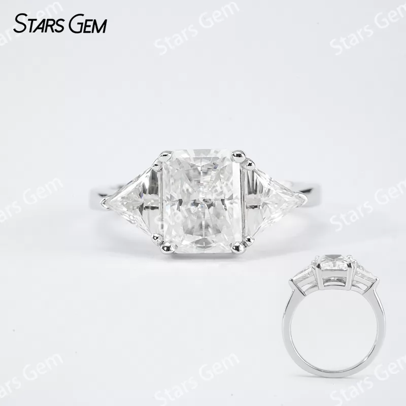6×8mm Radiant Cut Moissanite S925 Sterling Silver Three Stone Engagement Ring