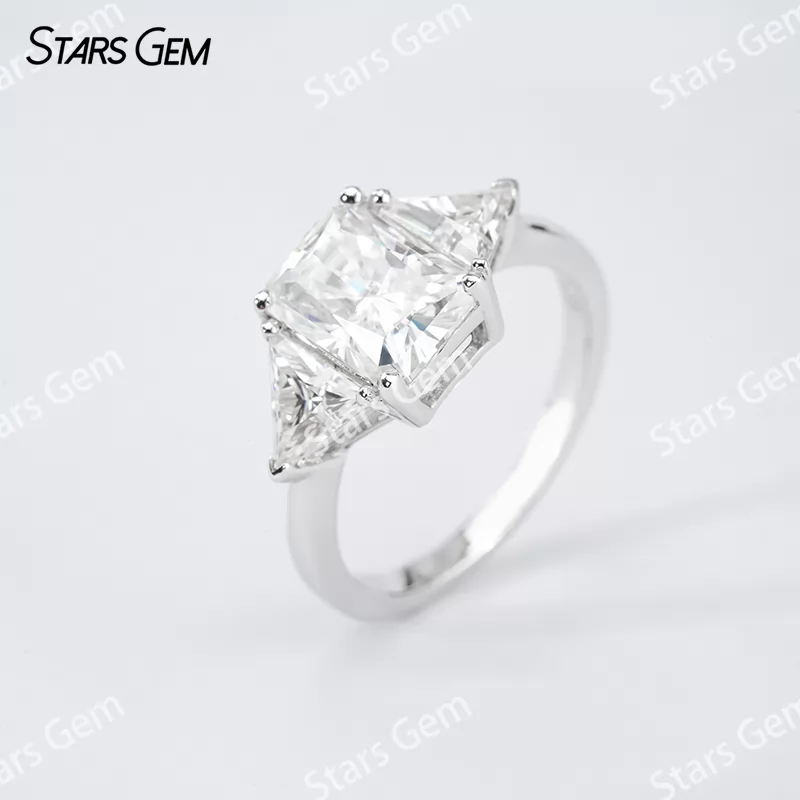6×8mm Radiant Cut Moissanite S925 Sterling Silver Three Stone Engagement Ring