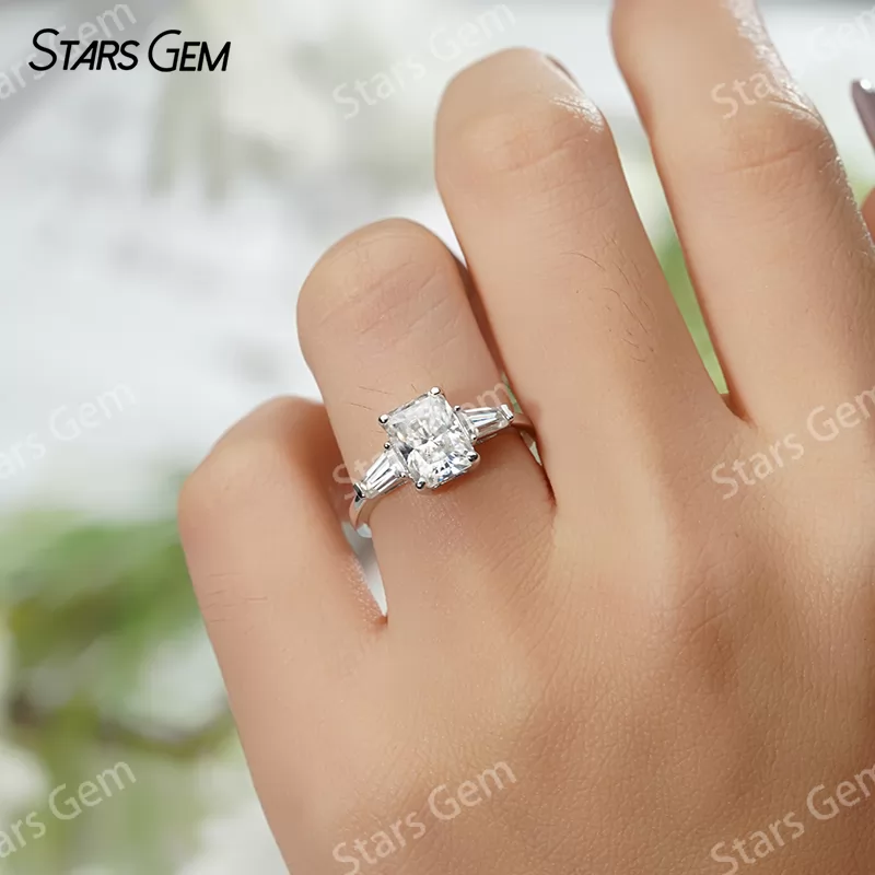 6×8mm Radiant Cut Moissanite S925 Sterling Silver Three Stone Engagement Ring