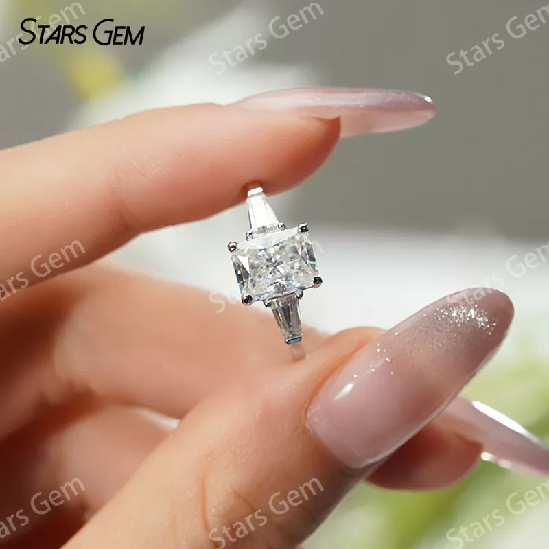 6×8mm Radiant Cut Moissanite S925 Sterling Silver Three Stone Engagement Ring