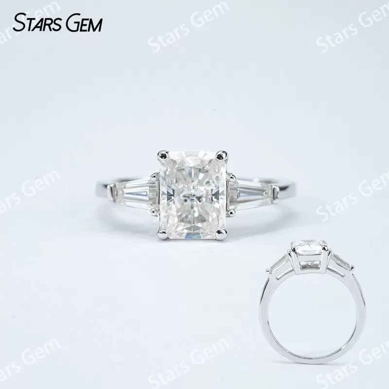 6×8mm Radiant Cut Moissanite S925 Sterling Silver Three Stone Engagement Ring
