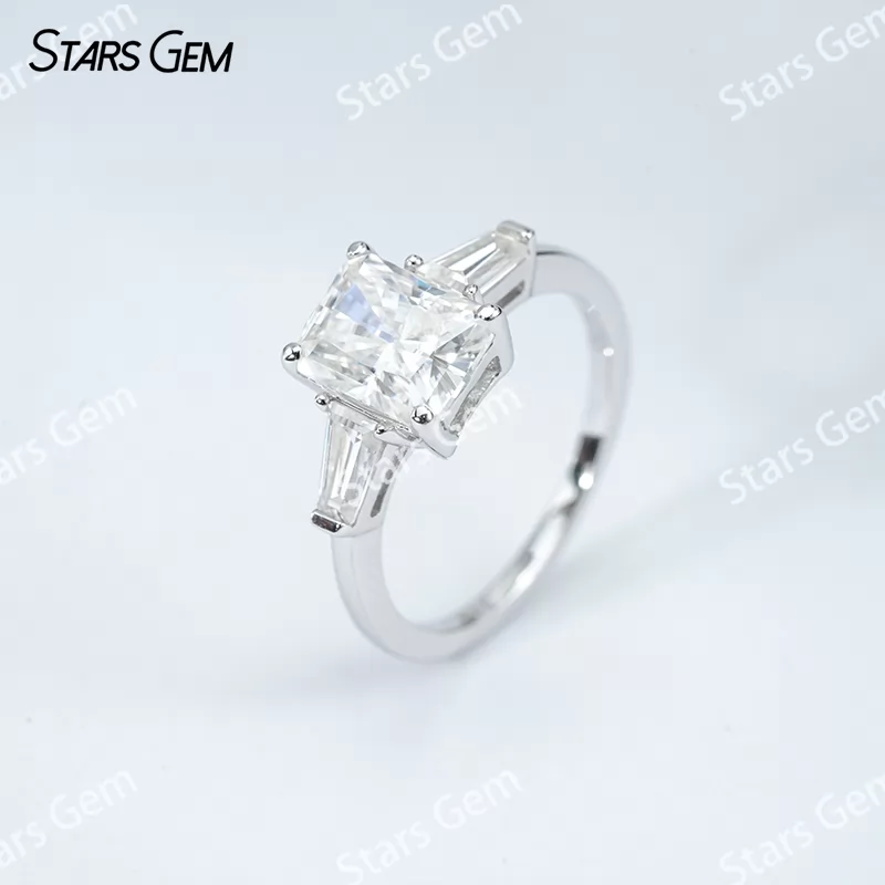 6×8mm Radiant Cut Moissanite S925 Sterling Silver Three Stone Engagement Ring