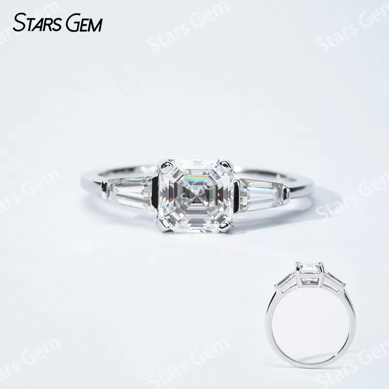 6.5×6.5mm Asscher Cut Moissanite S925 Sterling Silver Three Stone Engagement Ring