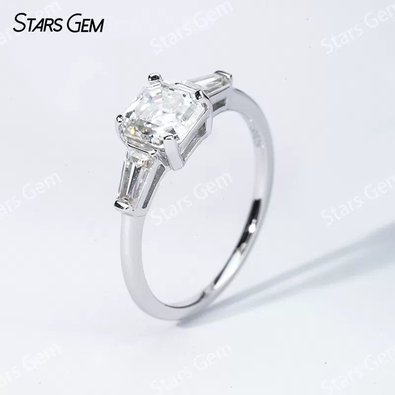 6.5×6.5mm Asscher Cut Moissanite S925 Sterling Silver Three Stone Engagement Ring