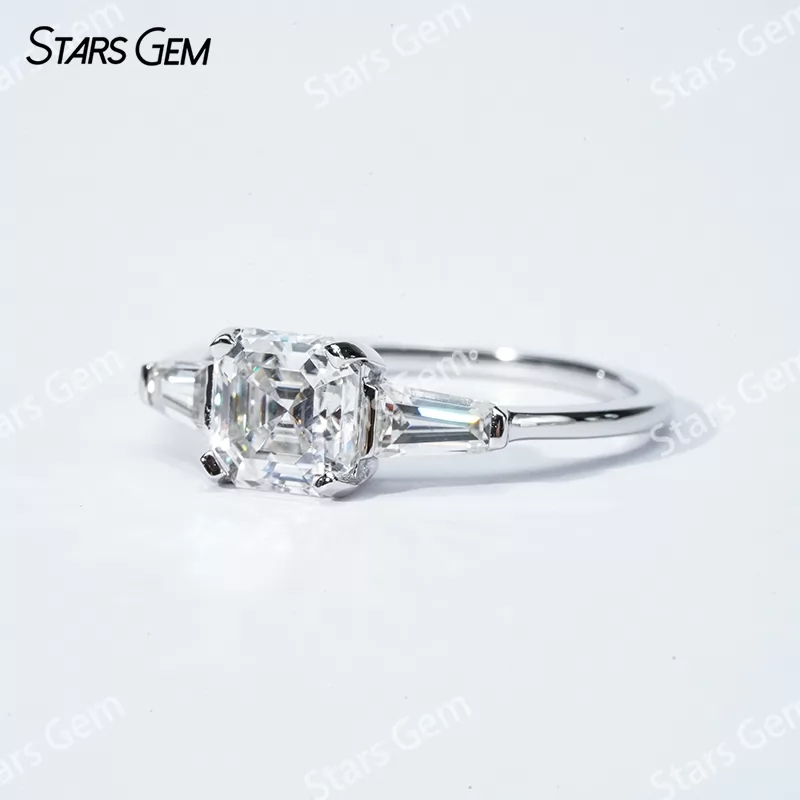 6.5×6.5mm Asscher Cut Moissanite S925 Sterling Silver Three Stone Engagement Ring