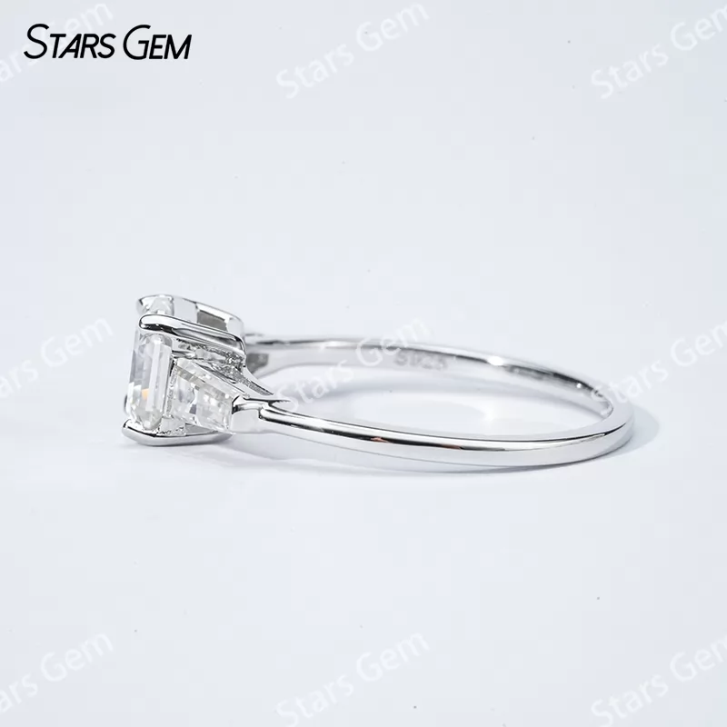 6.5×6.5mm Asscher Cut Moissanite S925 Sterling Silver Three Stone Engagement Ring