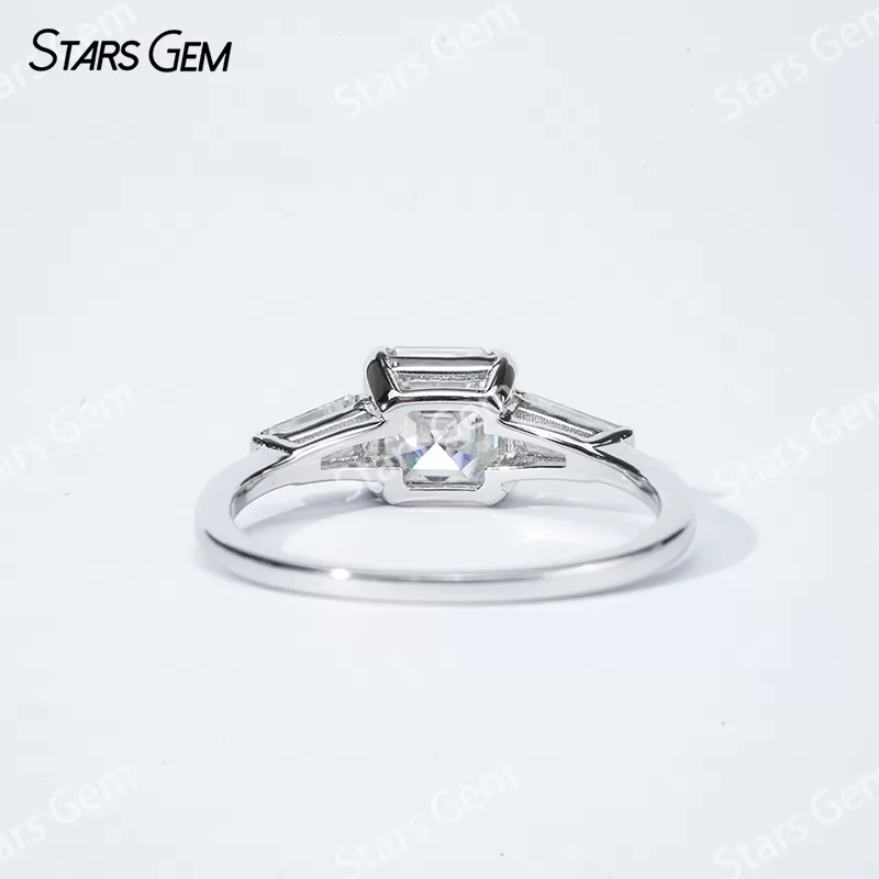 6.5×6.5mm Asscher Cut Moissanite S925 Sterling Silver Three Stone Engagement Ring