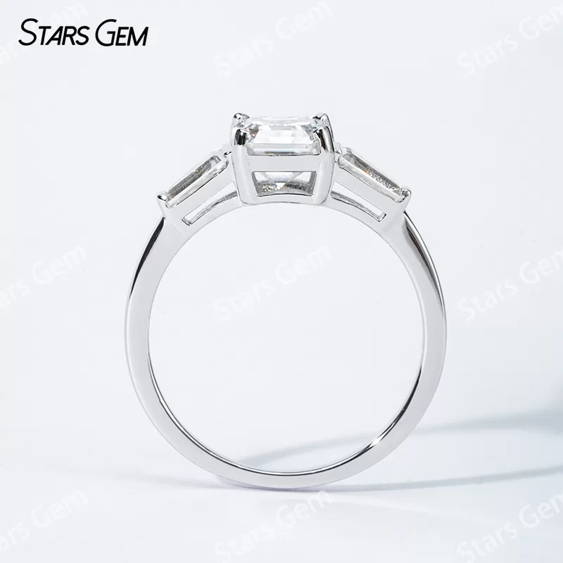 6.5×6.5mm Asscher Cut Moissanite S925 Sterling Silver Three Stone Engagement Ring