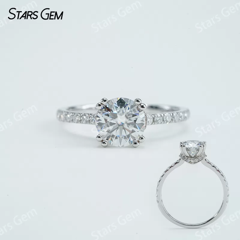 7.5mm Round Brilliant Cut Moissanite S925 Sterling Silver Pave Engagement Ring