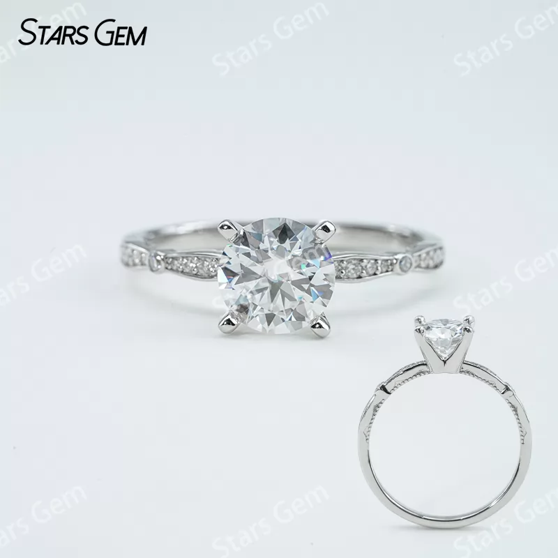 7.5mm Round Brilliant Cut Moissanite S925 Sterling Silver Pave Engagement Ring