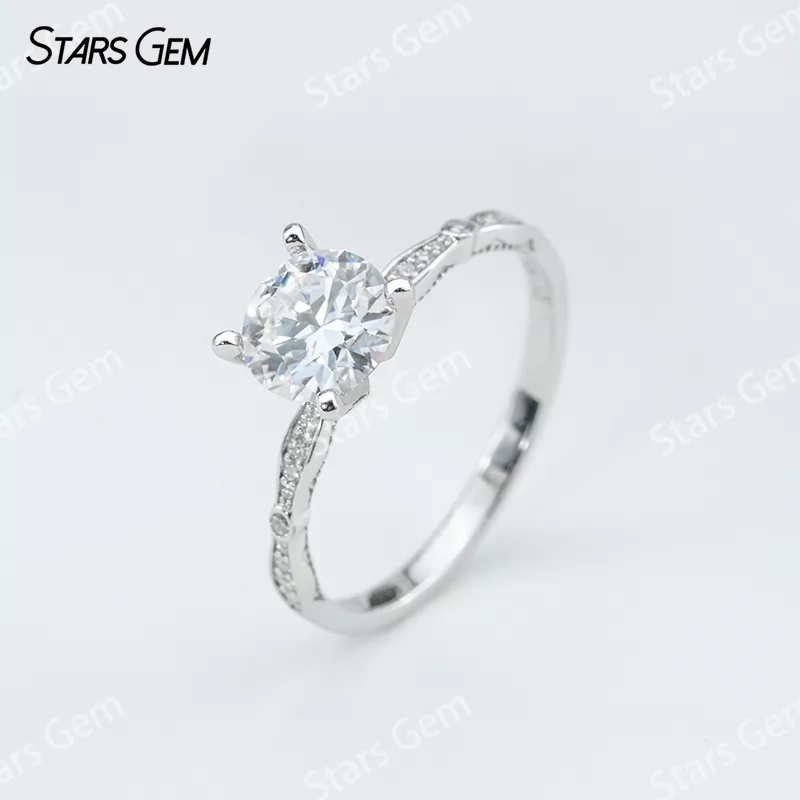 7.5mm Round Brilliant Cut Moissanite S925 Sterling Silver Pave Engagement Ring