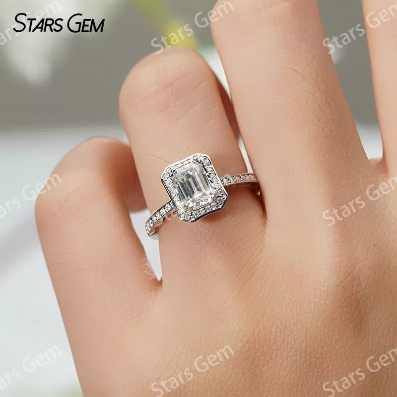 5×7mm Octagon Emerald Cut Moissanite S925 Sterling Silver Halo Engagement Ring