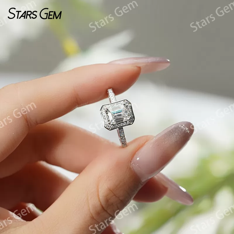 5×7mm Octagon Emerald Cut Moissanite S925 Sterling Silver Halo Engagement Ring