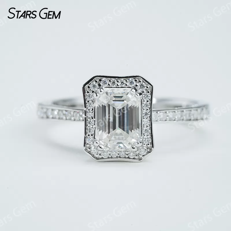 5×7mm Octagon Emerald Cut Moissanite S925 Sterling Silver Halo Engagement Ring