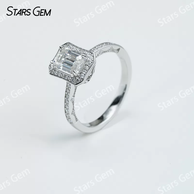 5×7mm Octagon Emerald Cut Moissanite S925 Sterling Silver Halo Engagement Ring