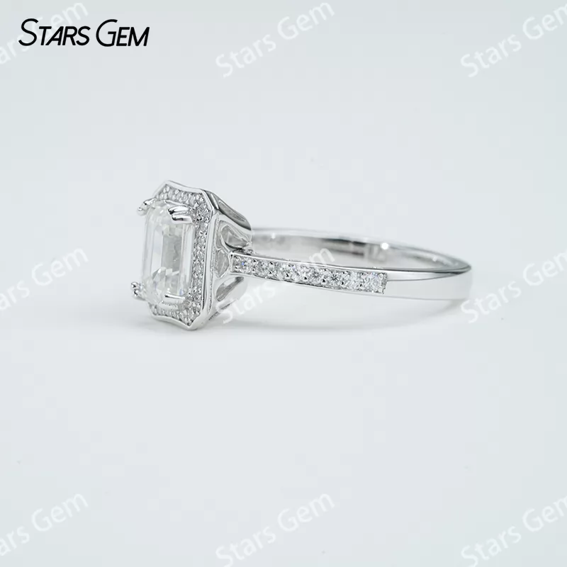 5×7mm Octagon Emerald Cut Moissanite S925 Sterling Silver Halo Engagement Ring