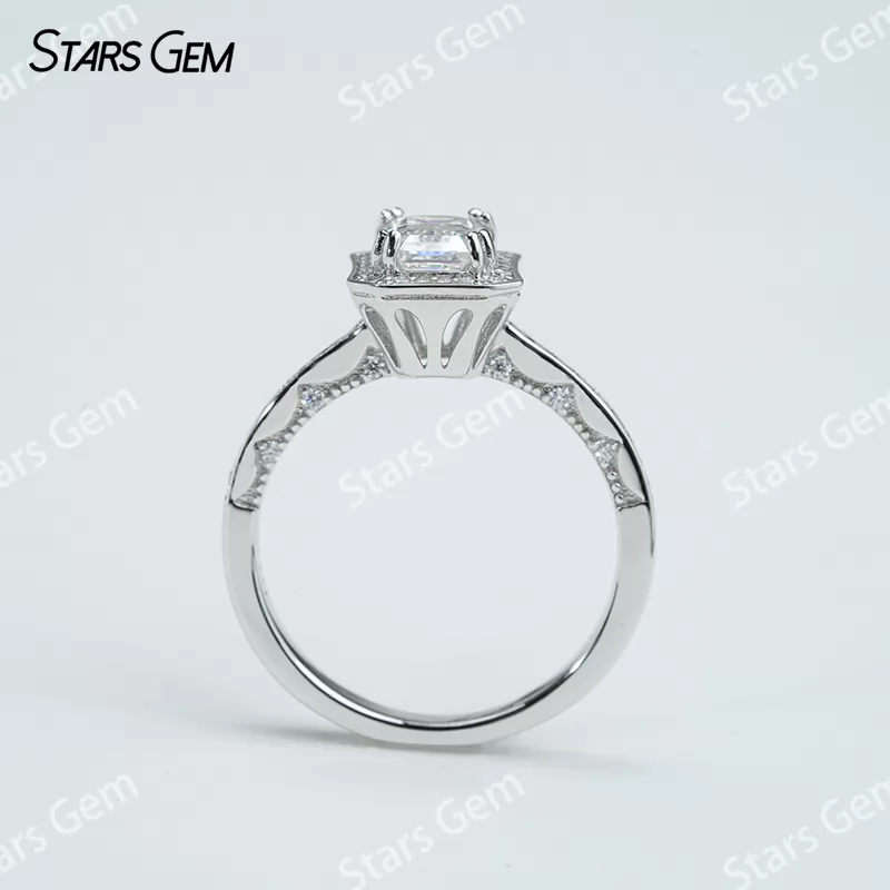 5×7mm Octagon Emerald Cut Moissanite S925 Sterling Silver Halo Engagement Ring