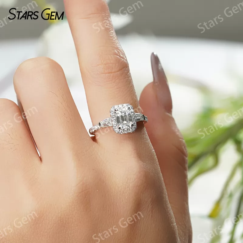 5×7mm Octagon Emerald Cut Moissanite S925 Sterling Silver Halo Engagement Ring