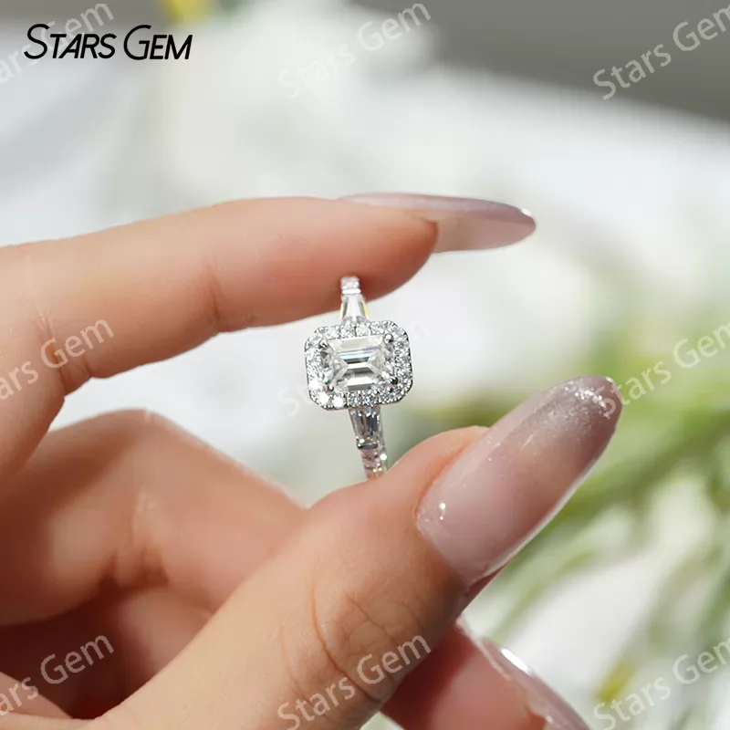 5×7mm Octagon Emerald Cut Moissanite S925 Sterling Silver Halo Engagement Ring