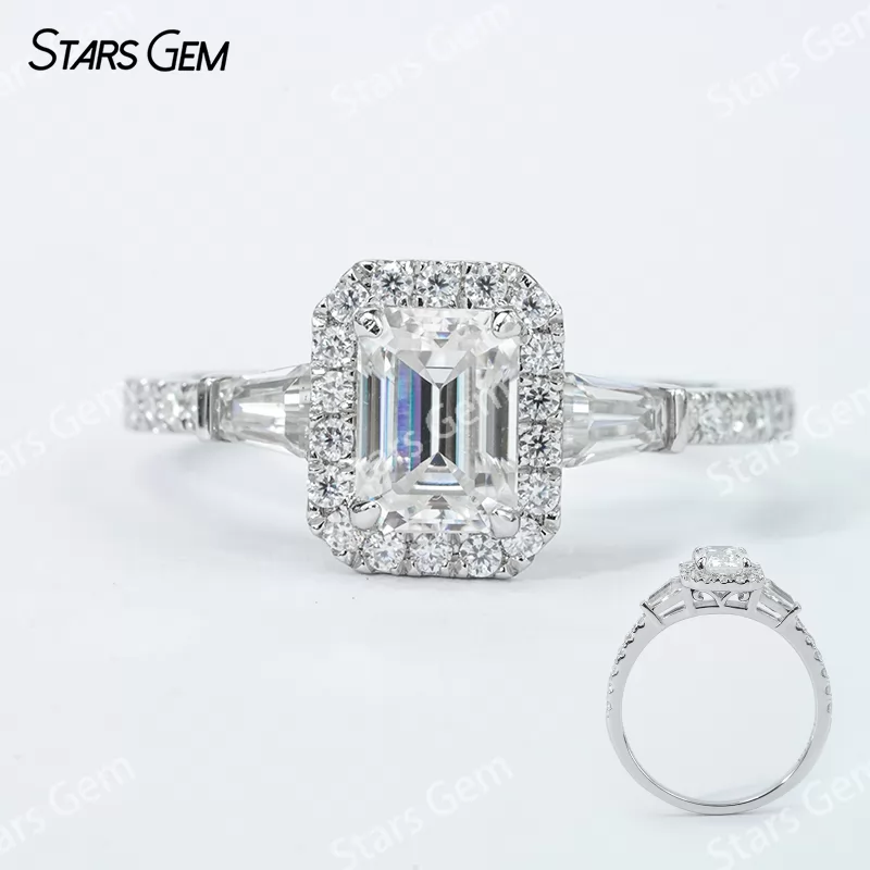 5×7mm Octagon Emerald Cut Moissanite S925 Sterling Silver Halo Engagement Ring