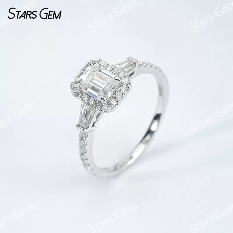 5×7mm Octagon Emerald Cut Moissanite S925 Sterling Silver Halo Engagement Ring
