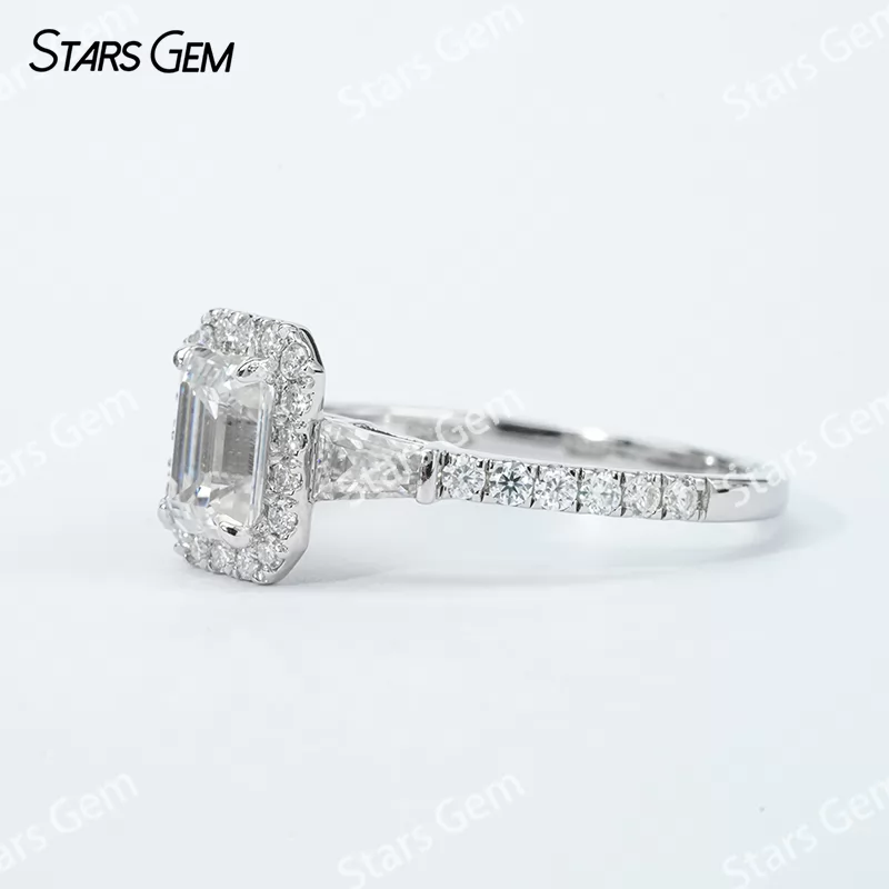 5×7mm Octagon Emerald Cut Moissanite S925 Sterling Silver Halo Engagement Ring