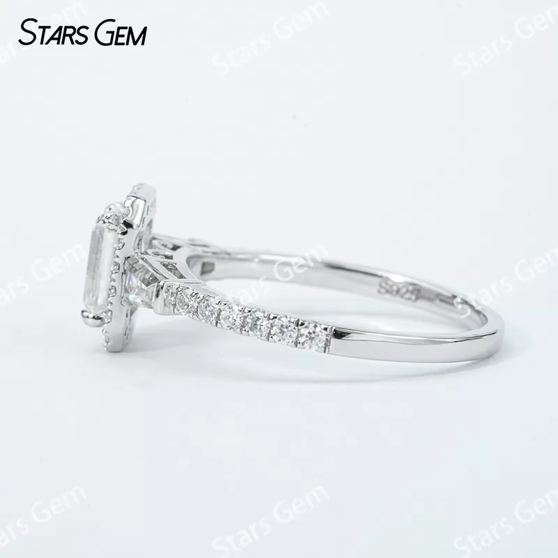 5×7mm Octagon Emerald Cut Moissanite S925 Sterling Silver Halo Engagement Ring