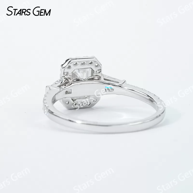 5×7mm Octagon Emerald Cut Moissanite S925 Sterling Silver Halo Engagement Ring