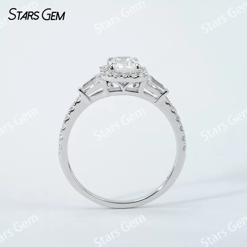 5×7mm Octagon Emerald Cut Moissanite S925 Sterling Silver Halo Engagement Ring