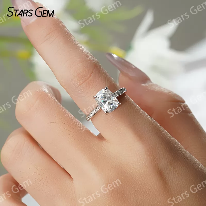 7×9mm Cushion Cut Moissanite S925 Sterling Silver Pave Engagement Ring