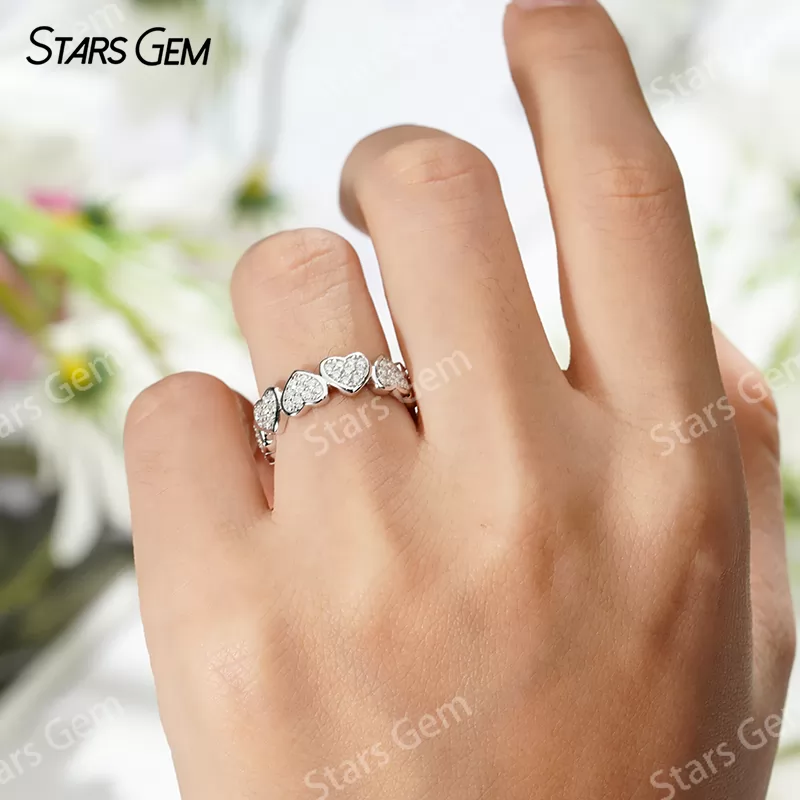 1mm Round Brilliant Cut Moissanite S925 Sterling Silver Heart Shape Design Diamond Eternity Ring